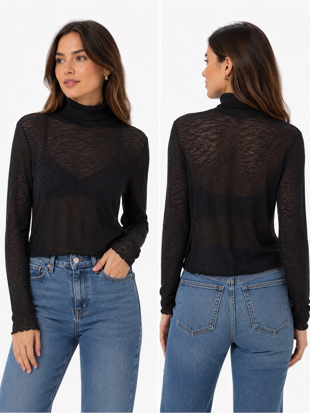 Zara Women’s Sheer Ribbed Turtleneck Long Sleeve Top